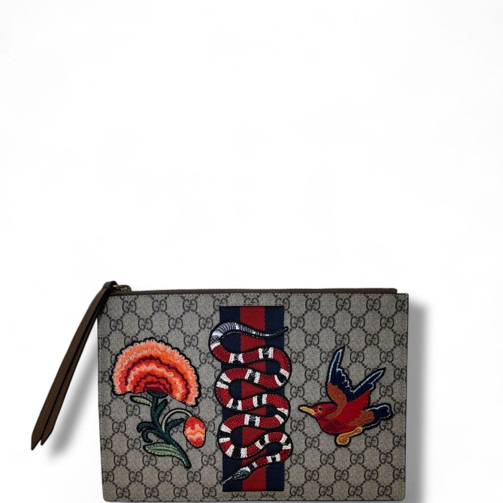 Gucci GG Monogram Web Kingsnake Embroidered Zip Clutch Brown