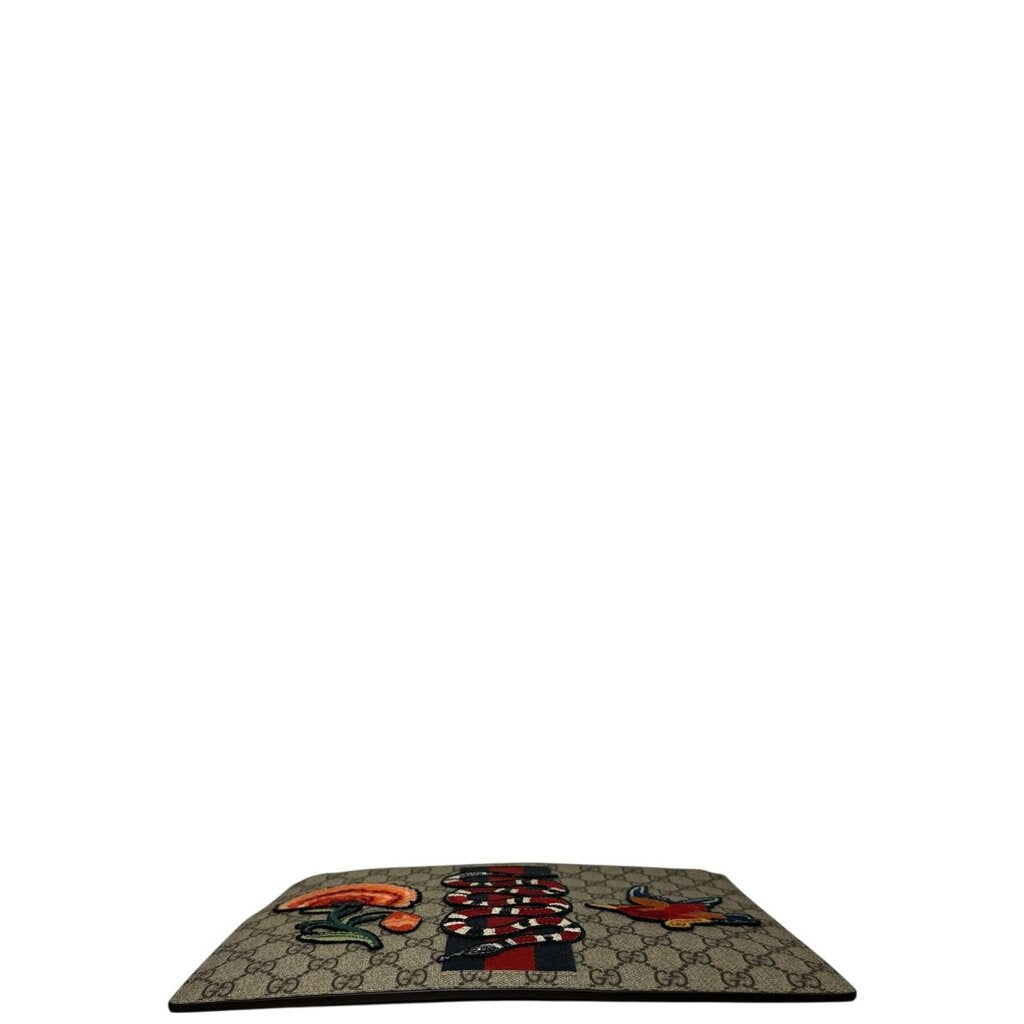 Gucci GG Monogram Web Kingsnake Embroidered Zip Clutch Brown