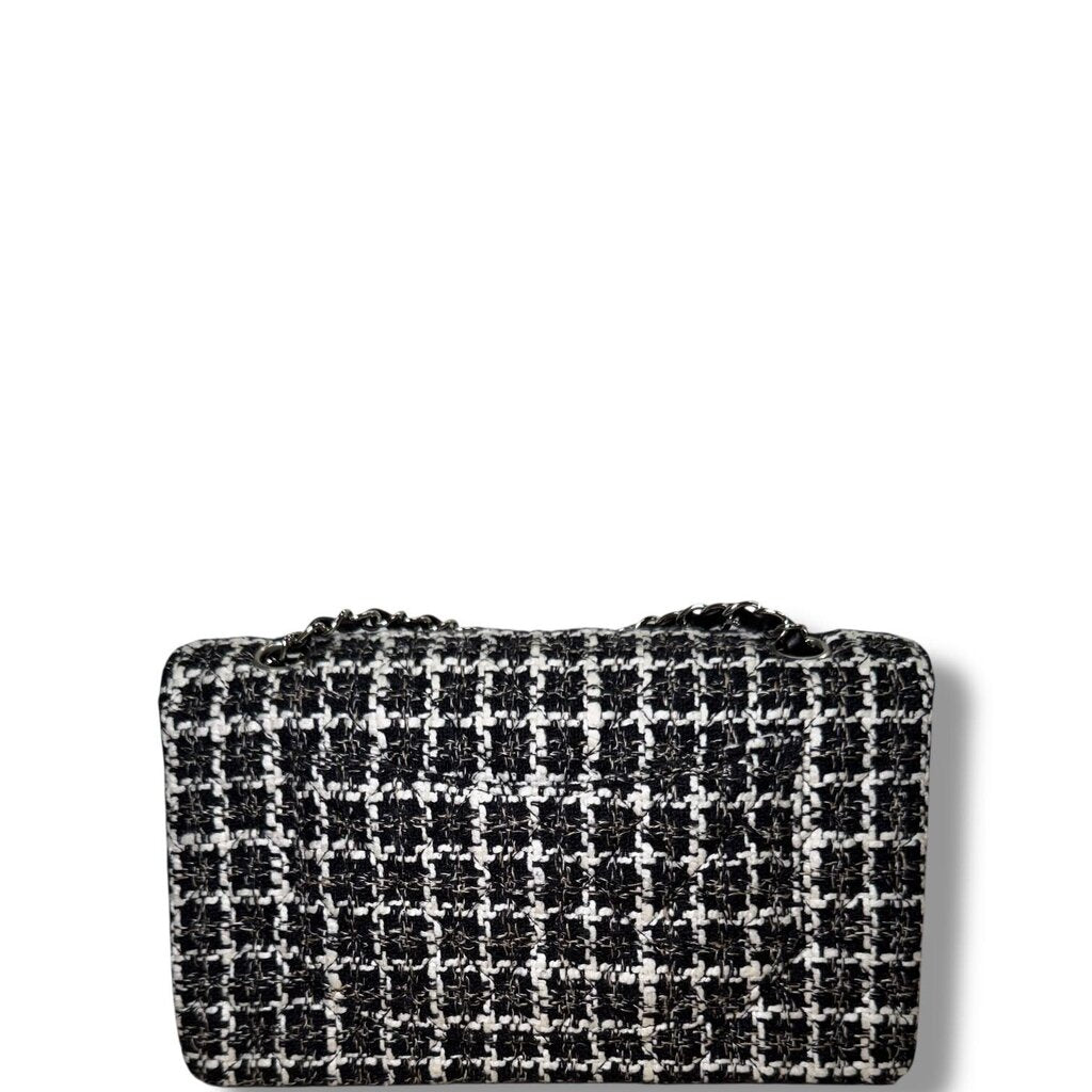 Chanel Tweed Classic Double Flap Bag Silver Hardware Black and