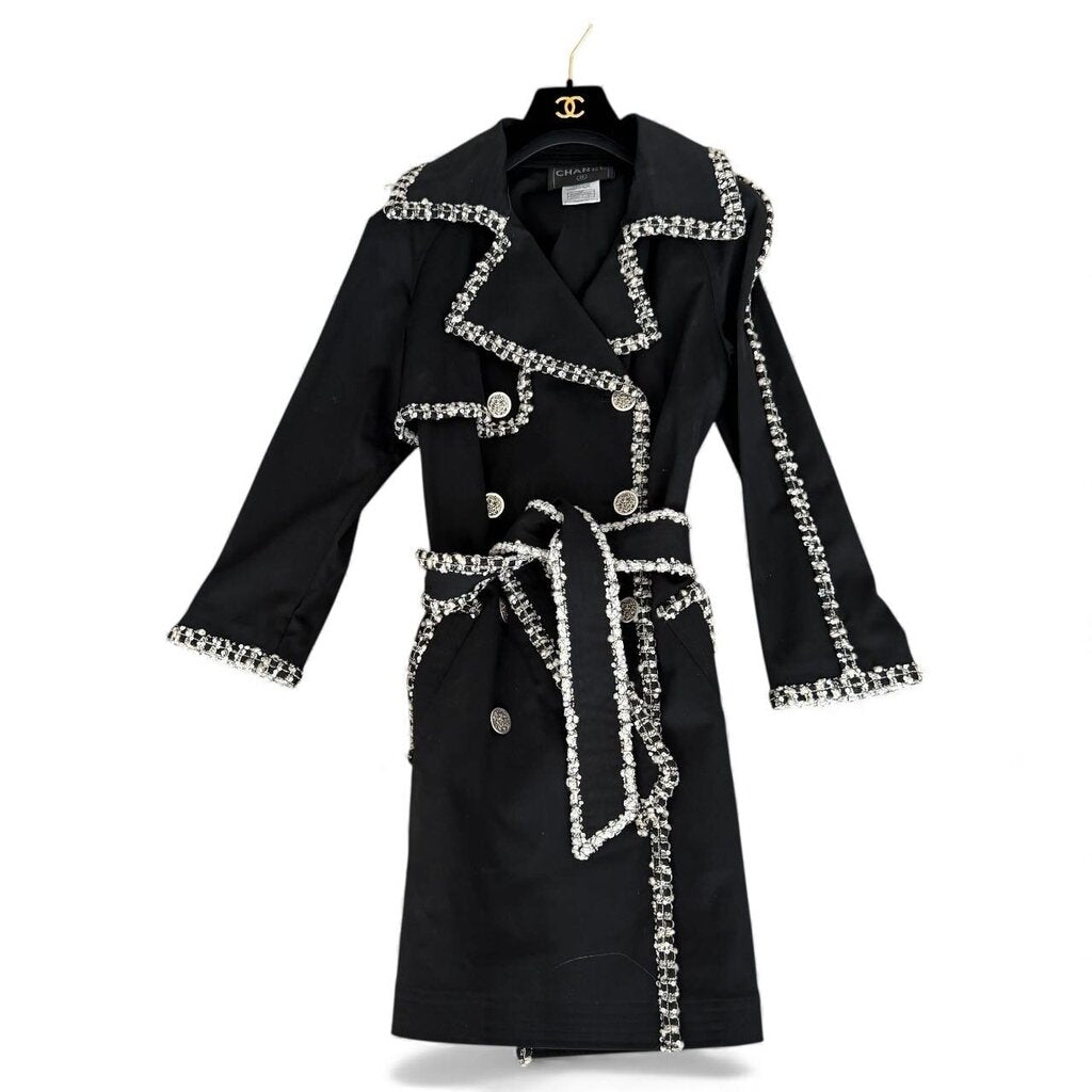 Chanel Rare Vintage 2004 Trench Coat with Tweed and Beaded Trim