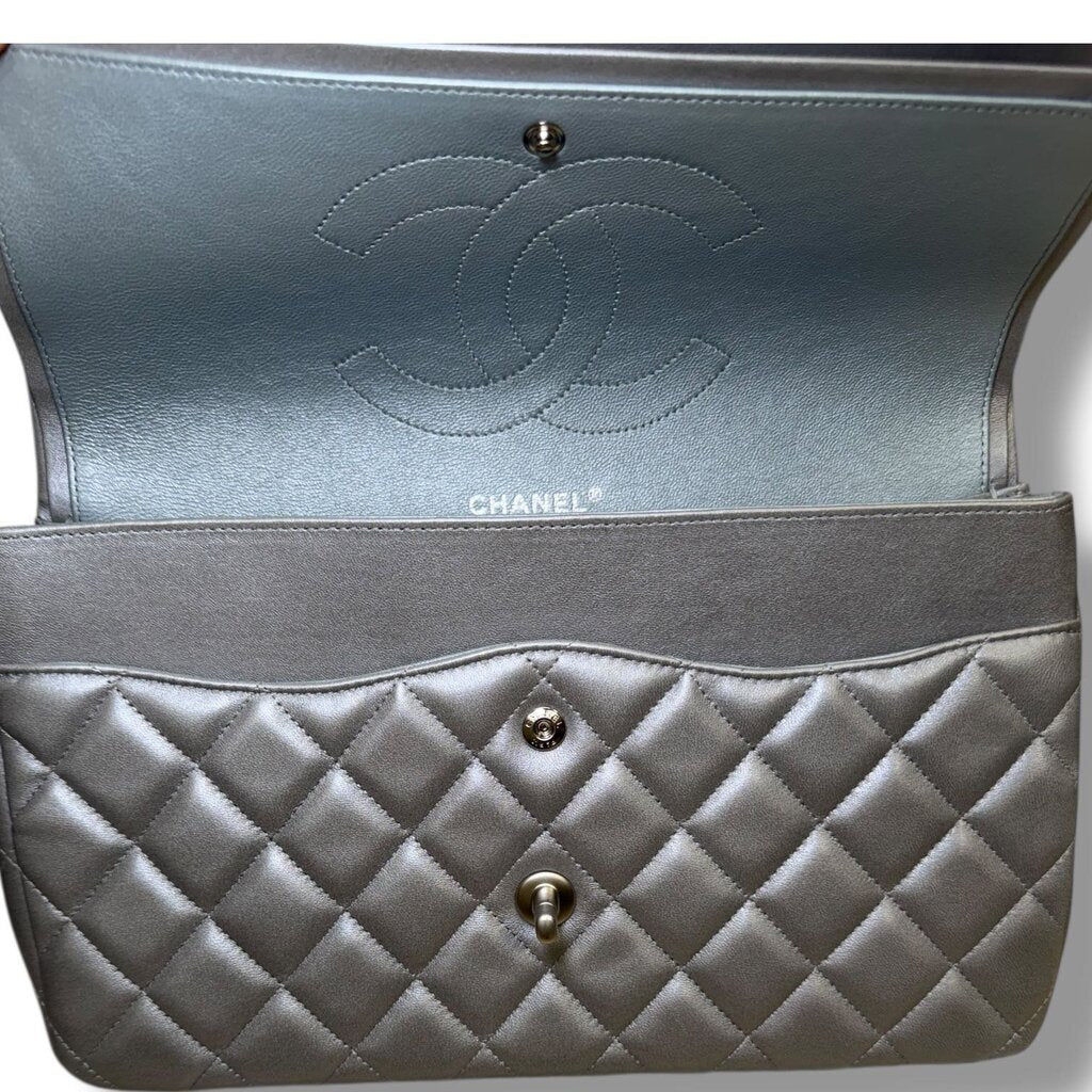 Chanel Lambskin Metallic Double Flap Leather Shoulder Silver Jumbo