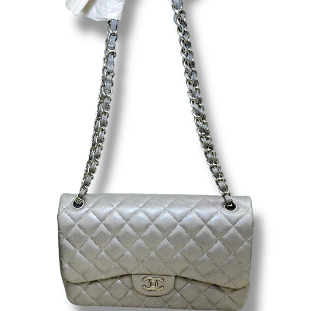 Chanel Lambskin Metallic Double Flap Leather Shoulder Silver Jumbo