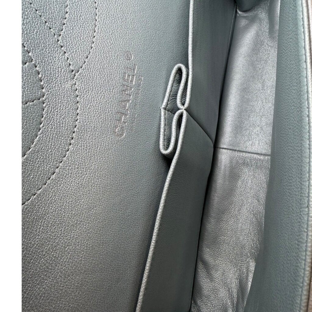 Chanel Lambskin Metallic Double Flap Leather Shoulder Silver Jumbo