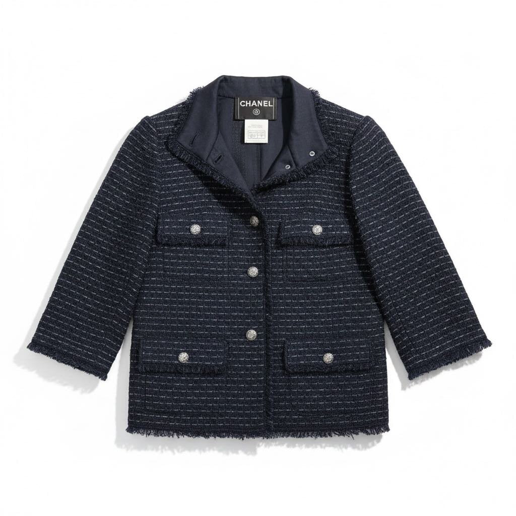 Chanel Tweed 3/4 Sleeve Blazer Navy 34 – Urban Exchange