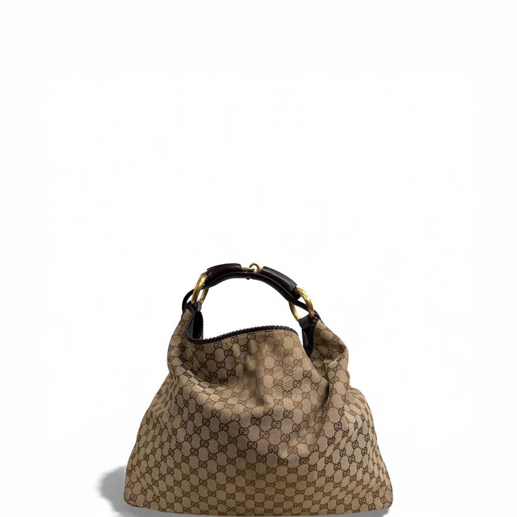 Gucci GG Hobo Horsebit Canvas Shoulder Handbag Brown Large
