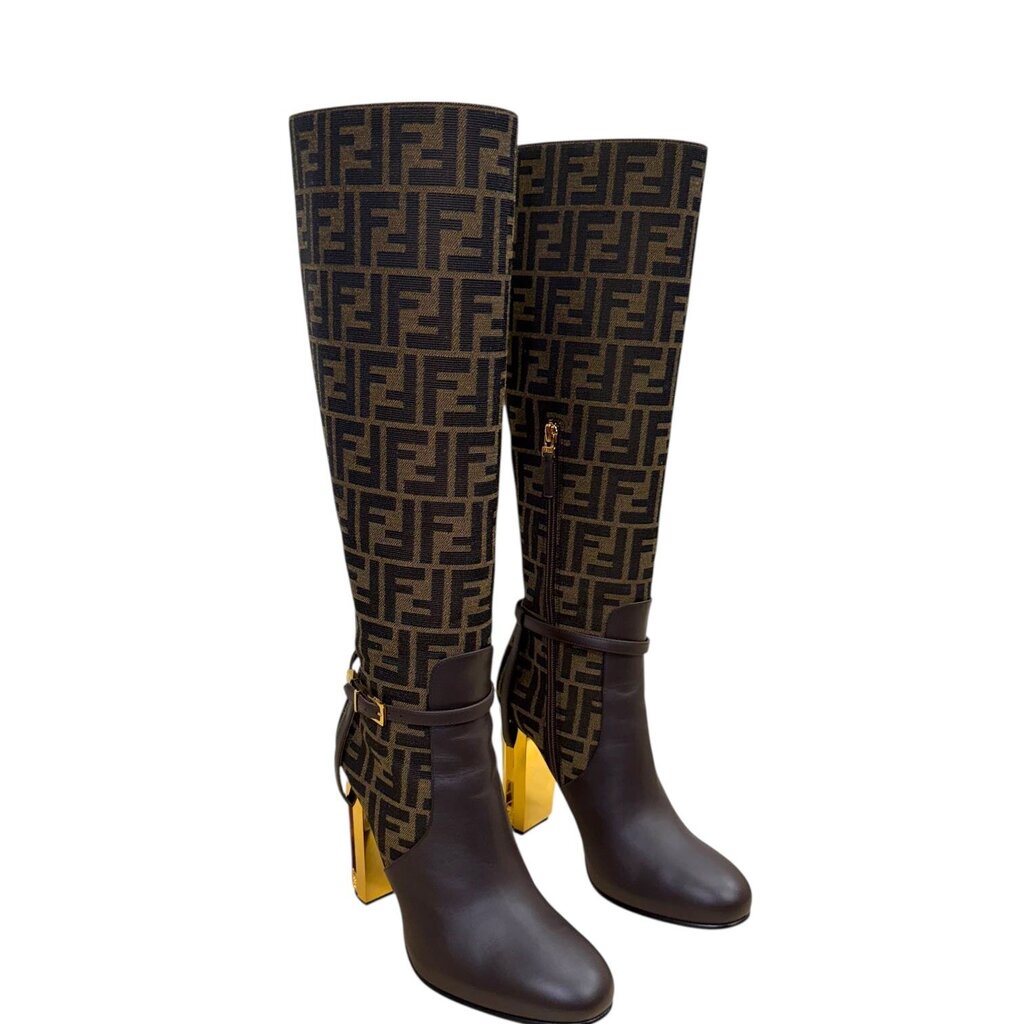 Fendi Delfina Knee-High Jacquard Canvas Boots Brown 39 – Urban