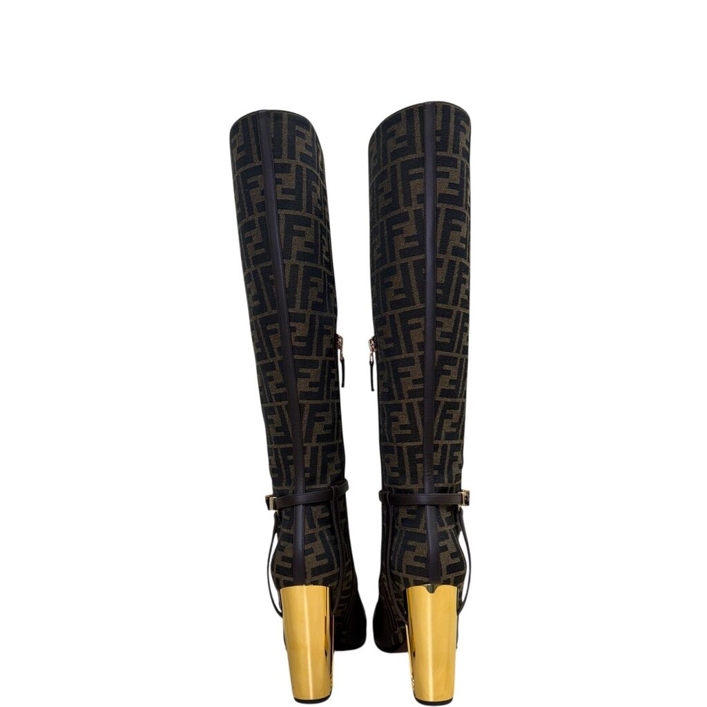 Fendi Delfina Knee-High Jacquard Canvas Boots Brown 39 – Urban