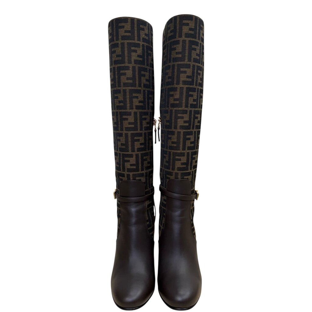 Fendi Delfina Knee-High Jacquard Canvas Boots Brown 39 – Urban