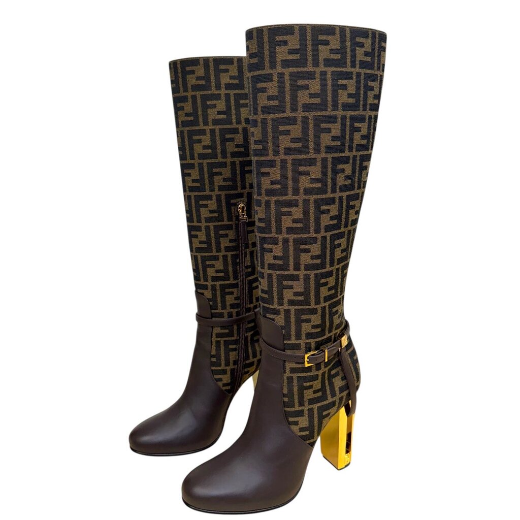 Fendi Delfina Knee-High Jacquard Canvas Boots Brown 39 – Urban