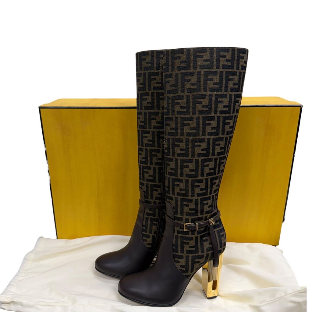 Fendi Delfina Knee-High Jacquard Canvas Boots Brown 39 – Urban