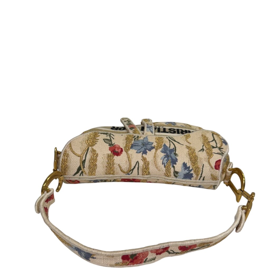 Christian Dior Hibiscus Embroider Saddle Shoulder Bag Cream