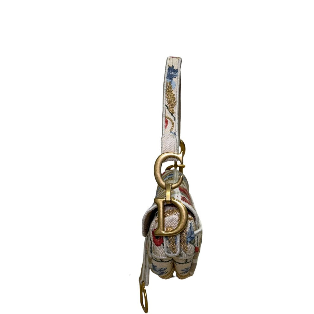 Christian Dior Hibiscus Embroider Saddle Shoulder Bag Cream