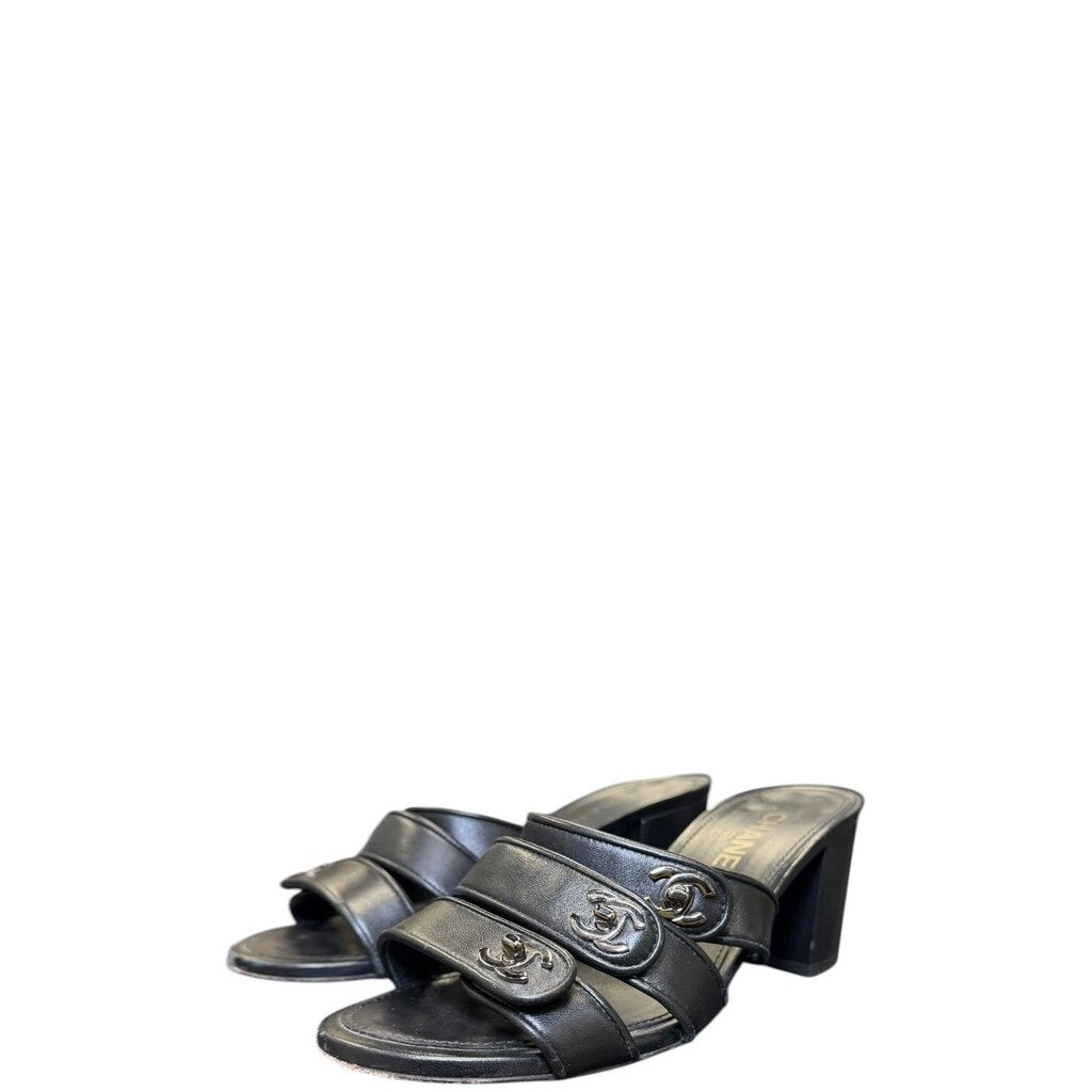Chanel Turnlock Leather Sandals Black 37.5 – Urban Exchange