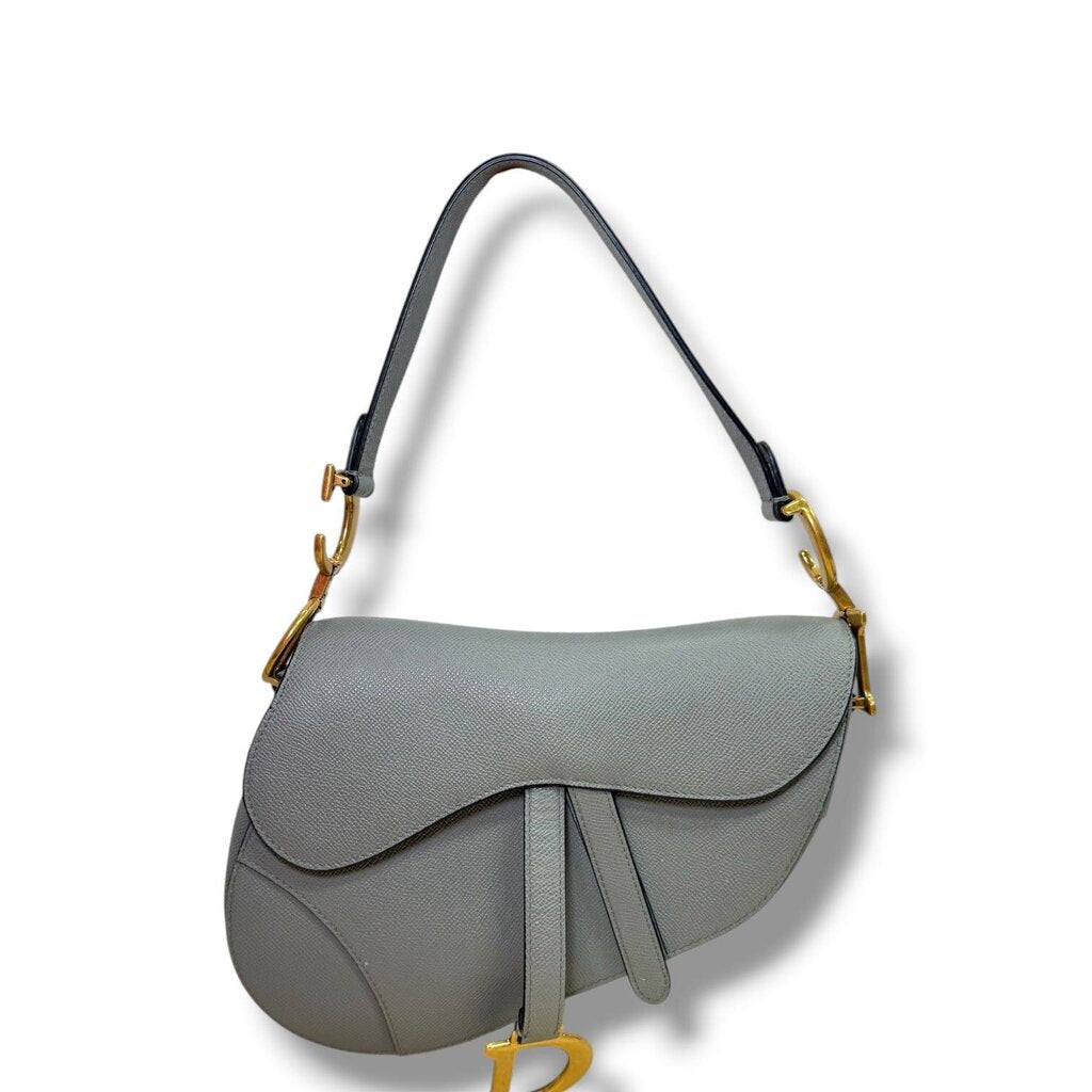 Christian Dior Saddle Grained Calfskin Shoulder Bag Stone Gray