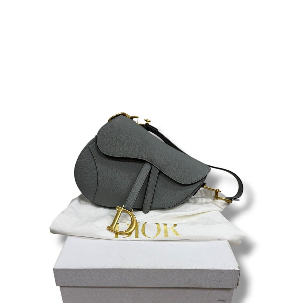 Christian Dior Saddle Grained Calfskin Shoulder Bag Stone Gray