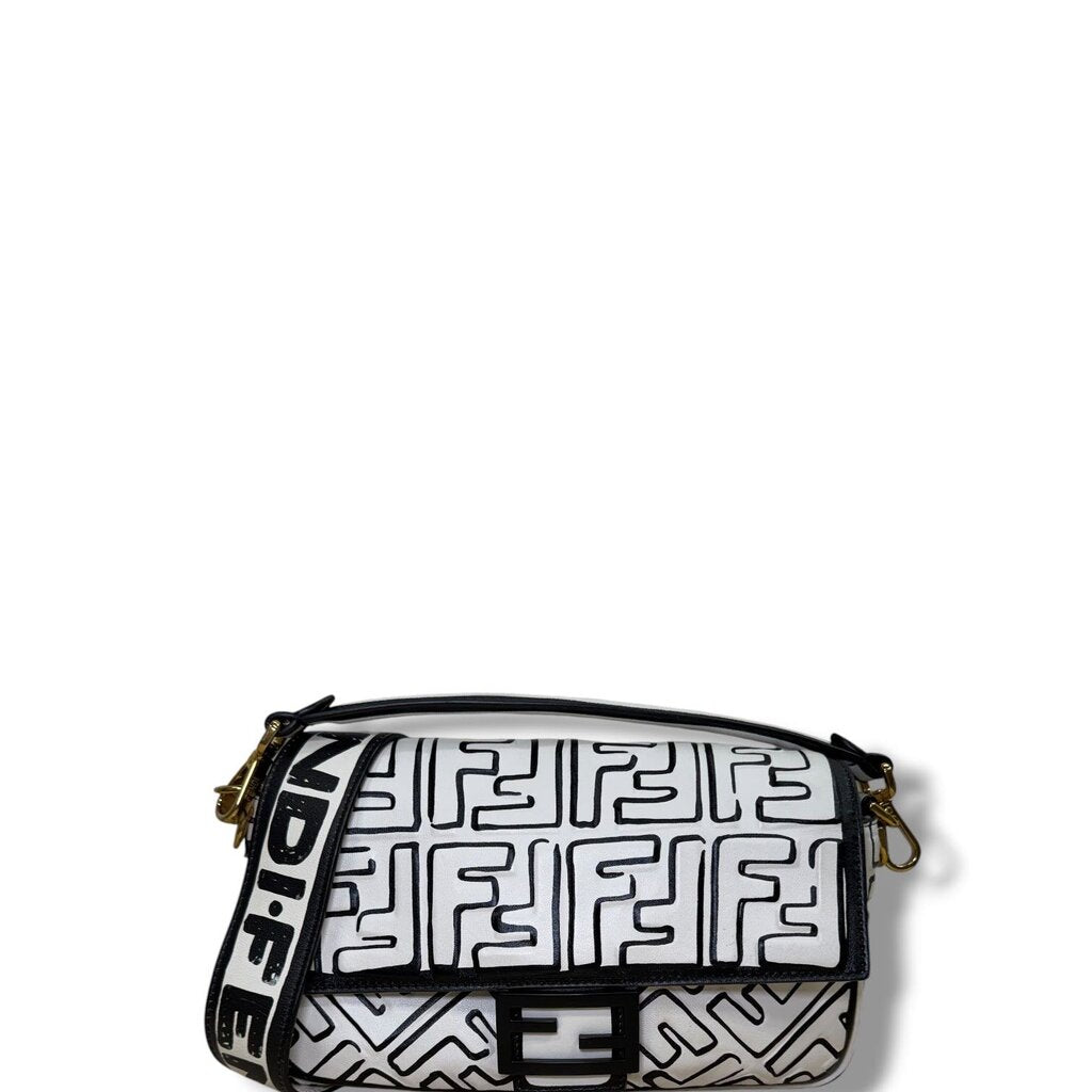 Fendi X Joshua Vides Nappa Zucca FF Leather Baguette Bag White NM