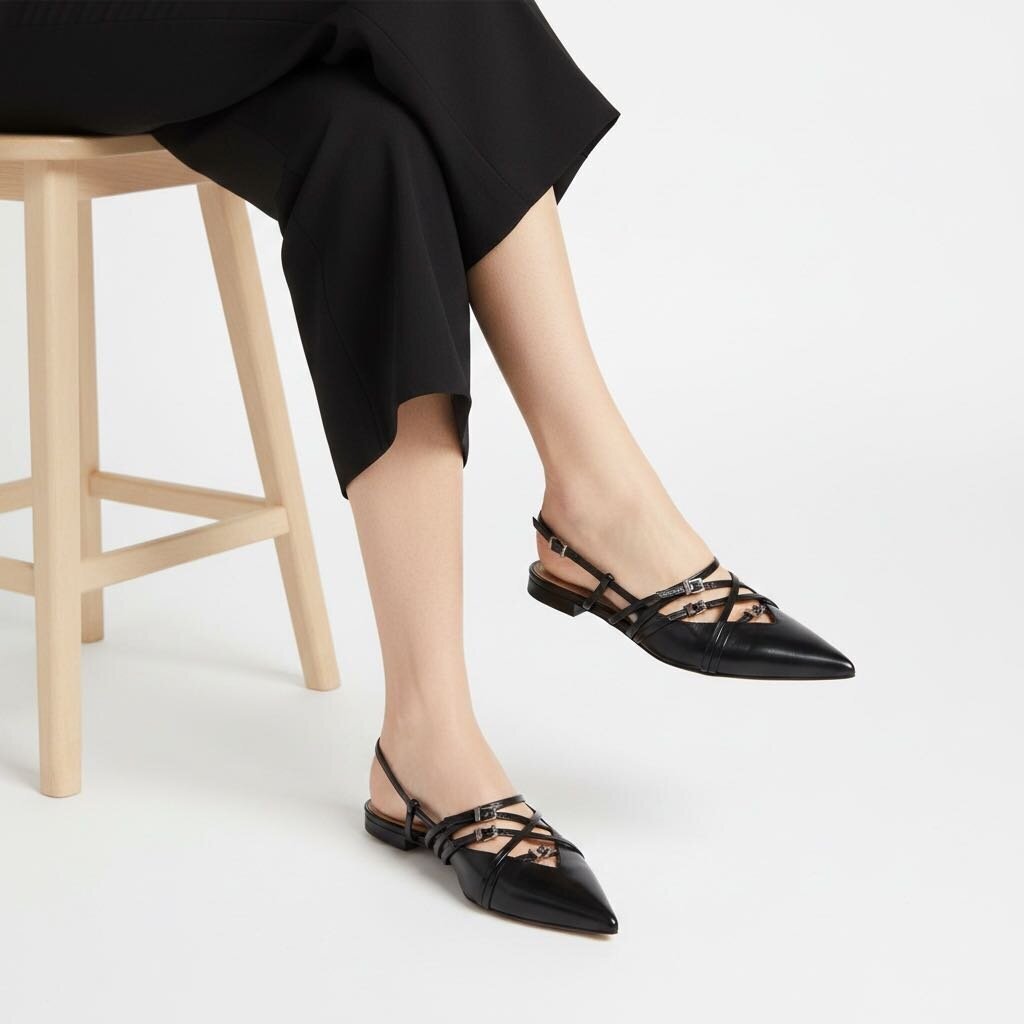 Gucci Seraphine Buckle Detail Pointed Toe Slingback Flats Black