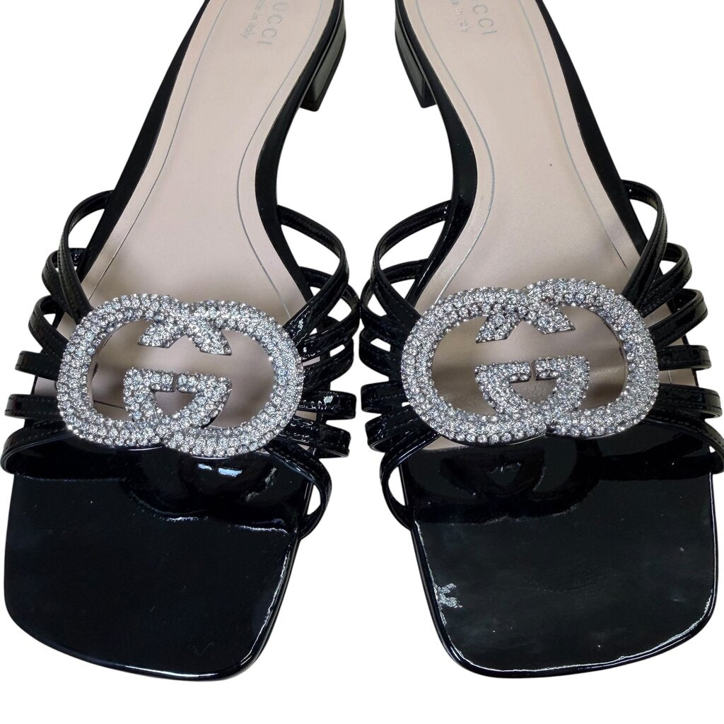 Gucci Interlocking Crystal G Patent Leather Sandals Black 41