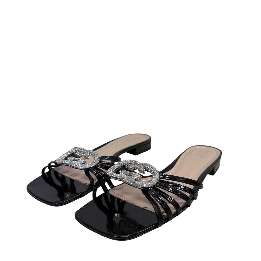 Gucci Interlocking Crystal G Patent Leather Sandals Black 41