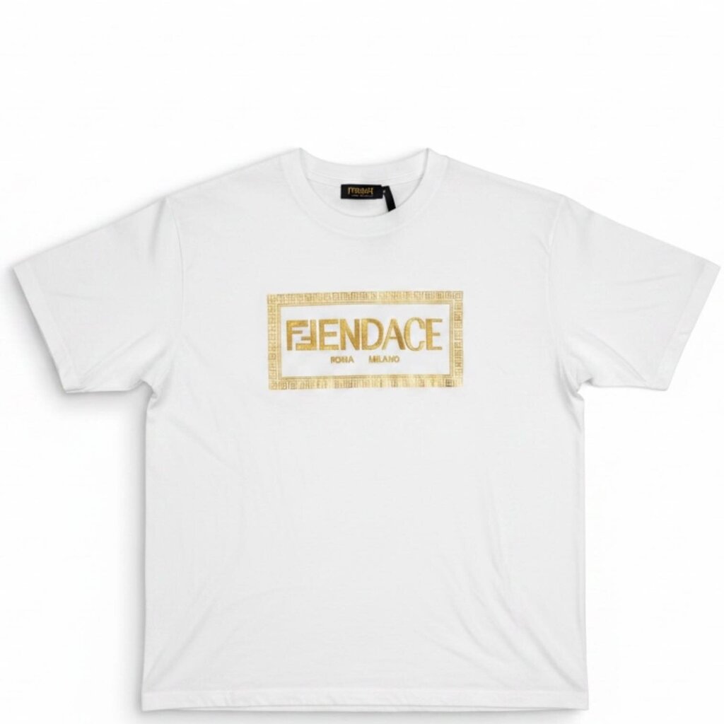Fendace Crew Neck T-Shirt with Gold Emroidered Logo White XL