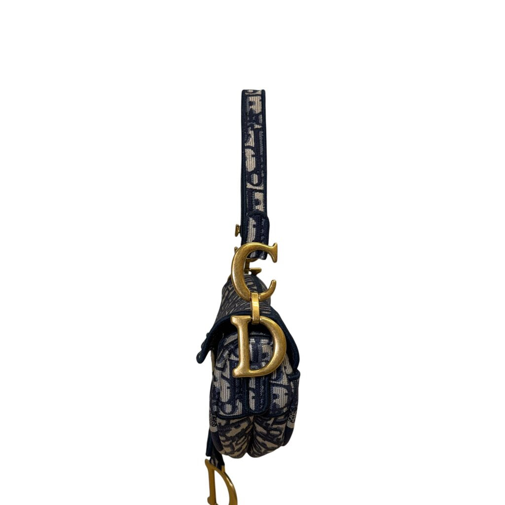Christian Dior Saddle Oblique Embroidered Shoulder Bag Navy Medium