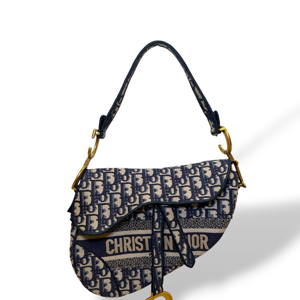 Christian Dior Saddle Oblique Embroidered Shoulder Bag Navy Medium