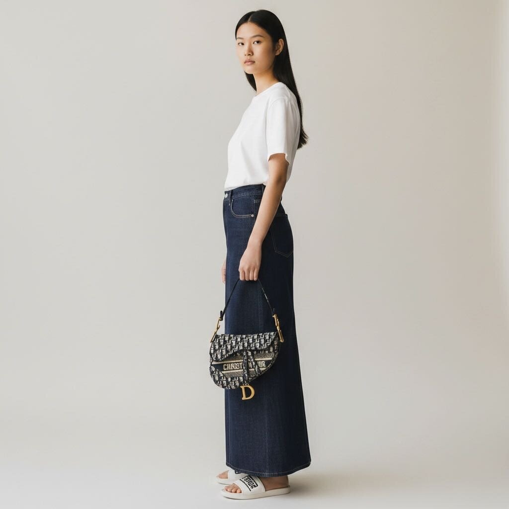 Christian Dior Saddle Oblique Embroidered Shoulder Bag Navy Medium