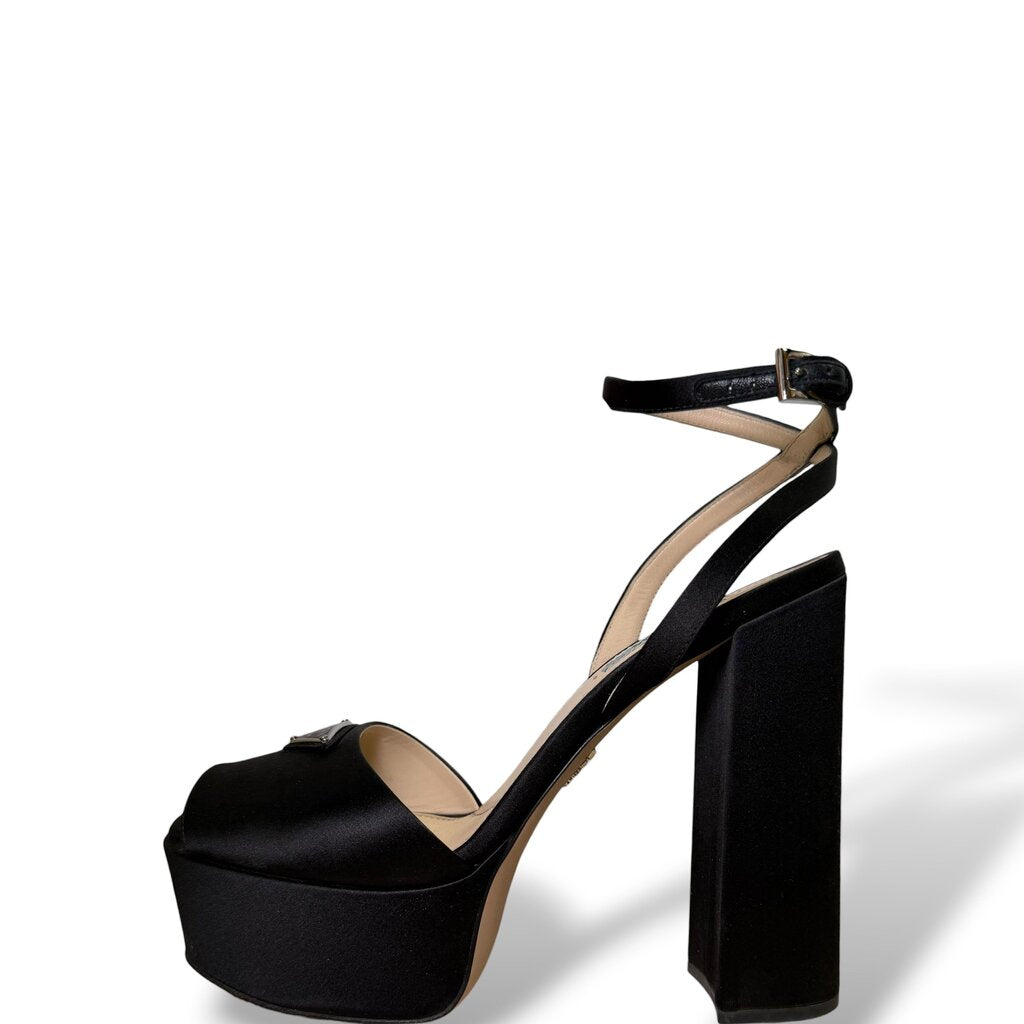 Prada Logo Satin Platform Ankle Strap Block Heels Black 39 – Urban