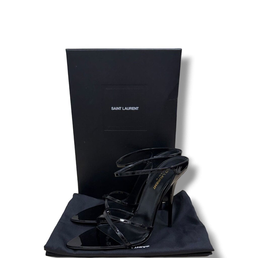 Saint Laurent Gippy Vernice Leather Criss Cross Heel Sandals Black