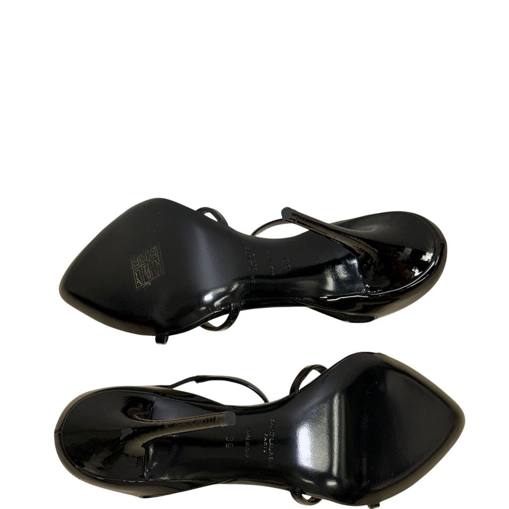Saint Laurent Gippy Vernice Leather Criss Cross Heel Sandals Black