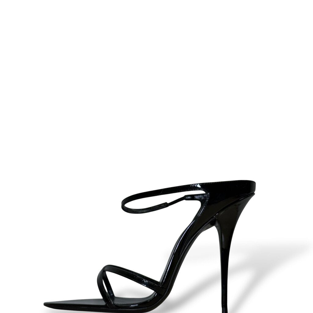 Saint Laurent Gippy Vernice Leather Criss Cross Heel Sandals Black
