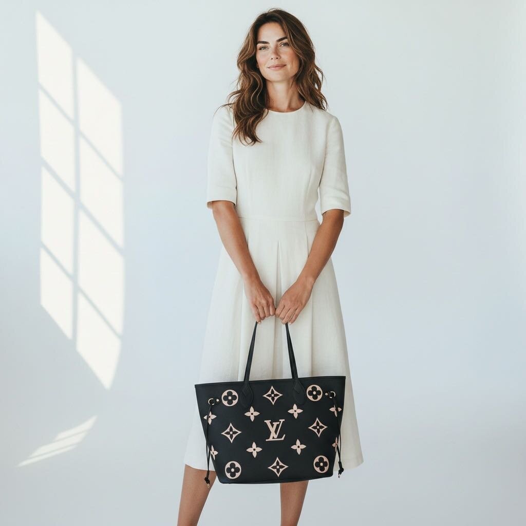 Louis Vuitton Neverfull Bicolor Tote Handbag With Pouch Black MM