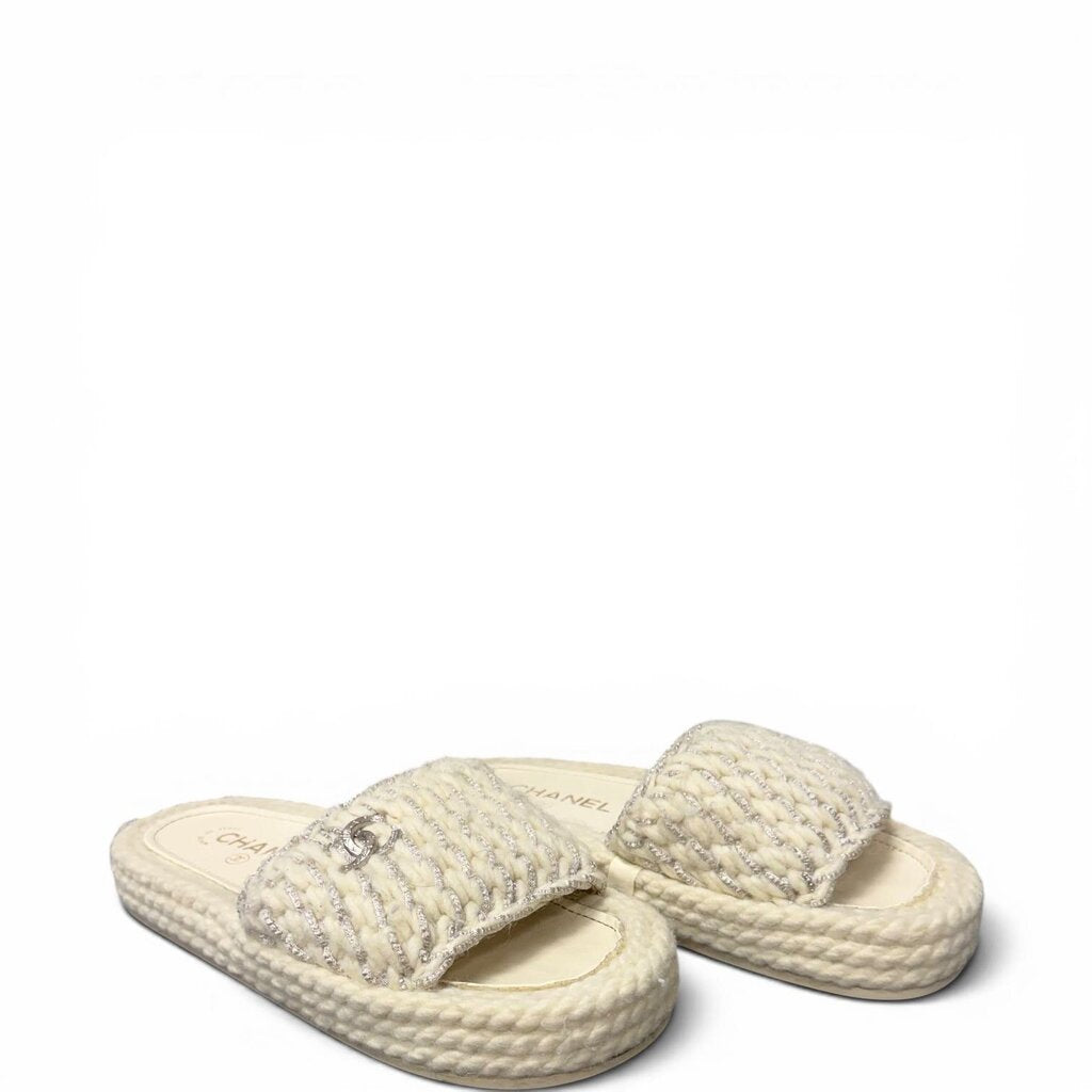 Chanel CC Knit Braided Metallic Mules Slide Sandals White 37