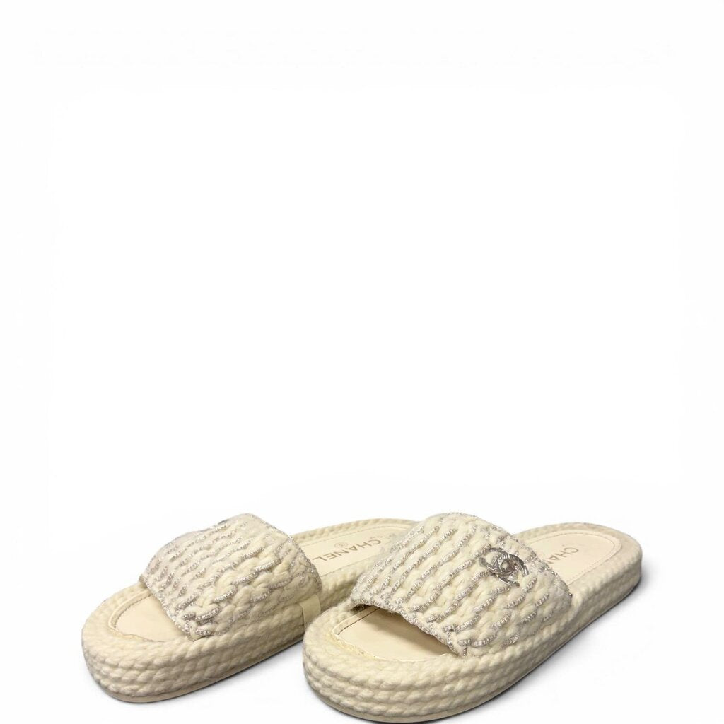 Chanel CC Knit Braided Metallic Mules Slide Sandals White 37