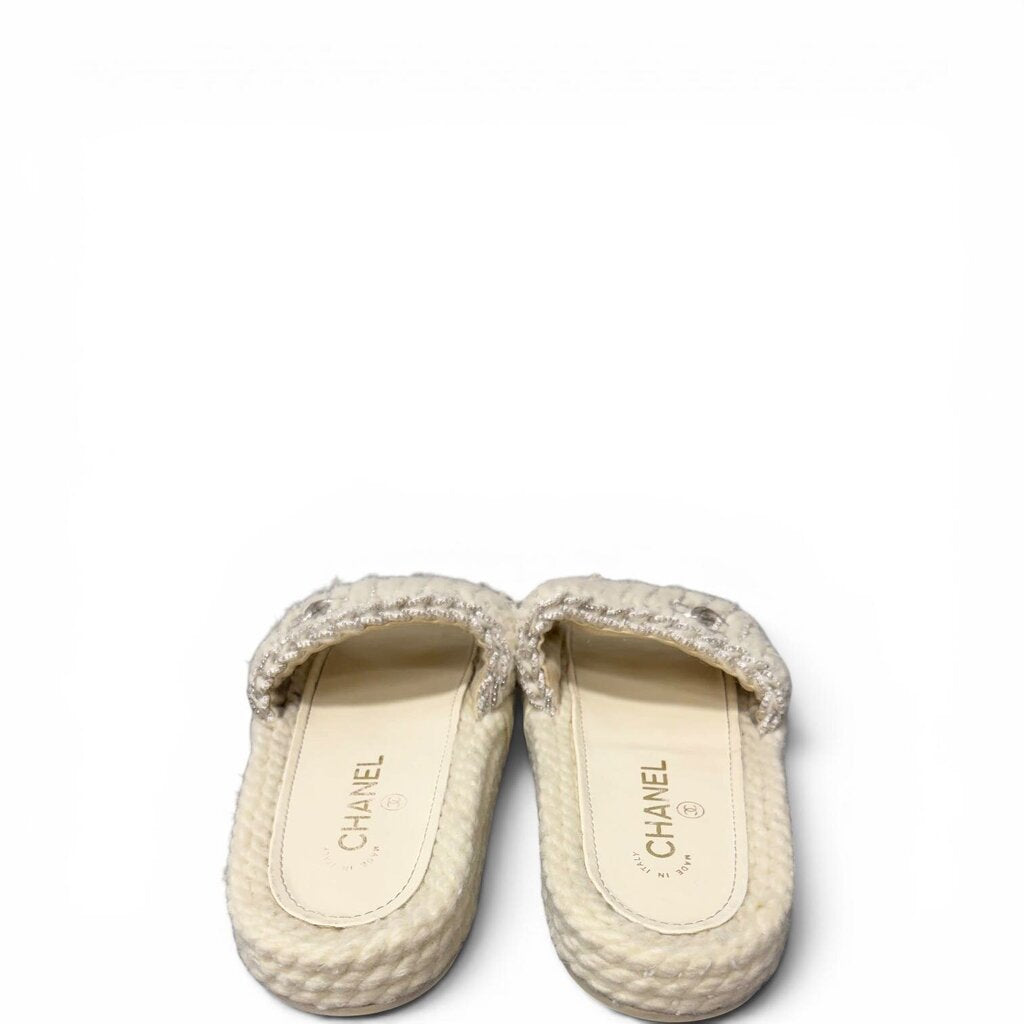 Chanel CC Knit Braided Metallic Mules Slide Sandals White 37