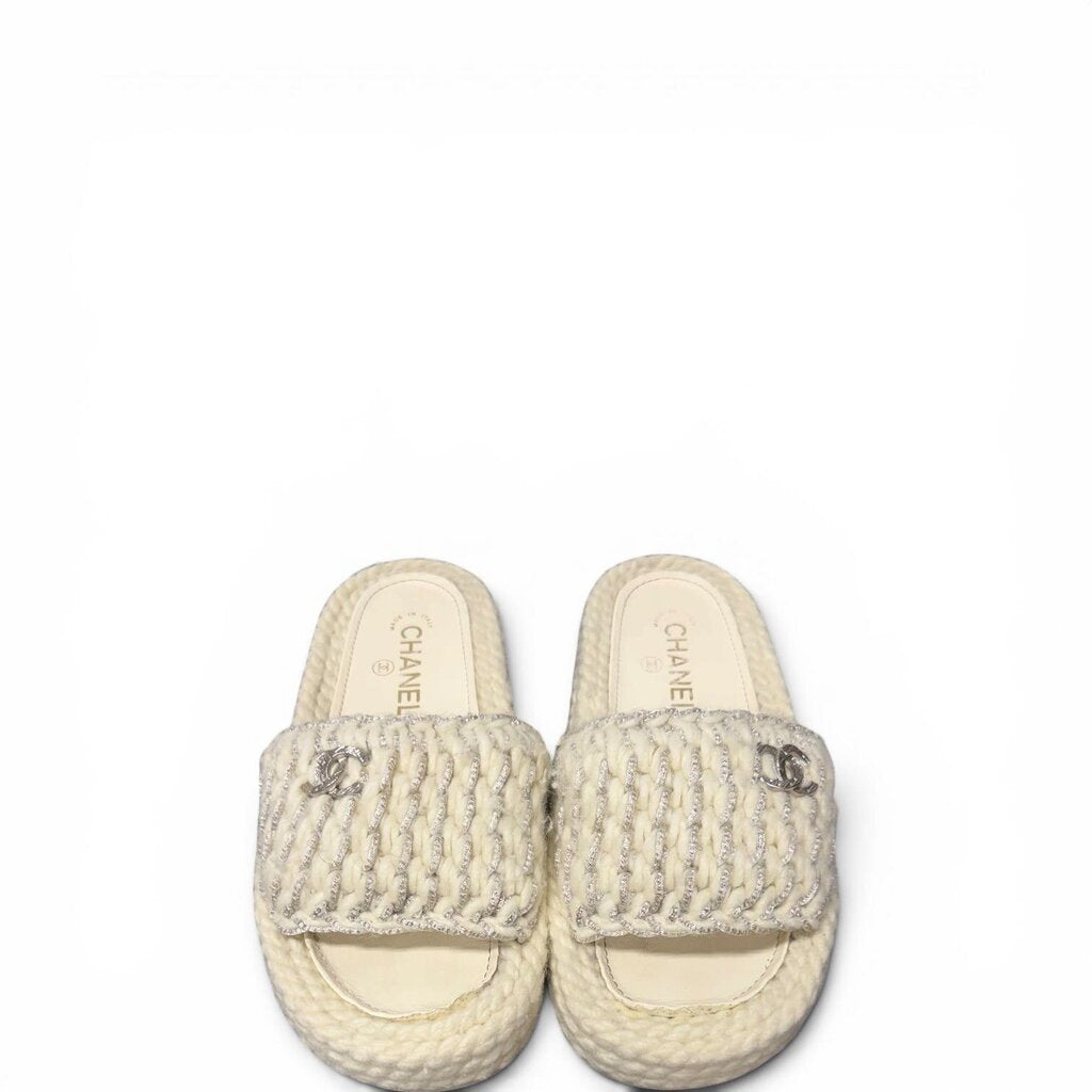 Chanel CC Knit Braided Metallic Mules Slide Sandals White 37