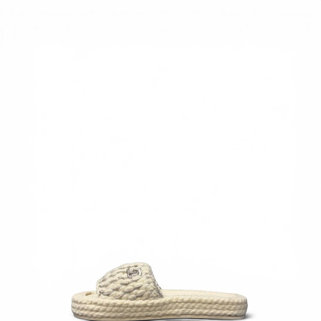 Chanel CC Knit Braided Metallic Mules Slide Sandals White 37
