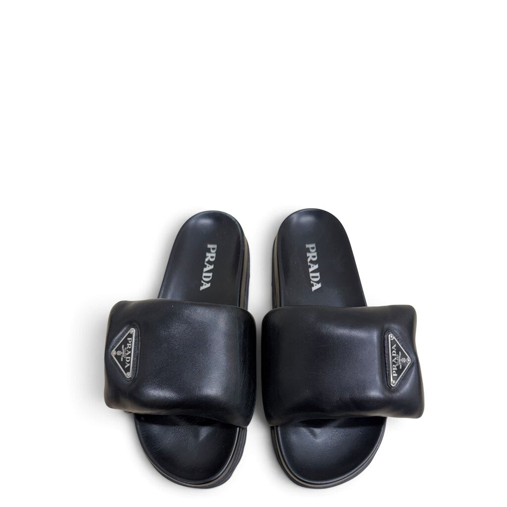 Prada Nappa Leather Soft Padded Leather Slides Black 38.5 – Urban