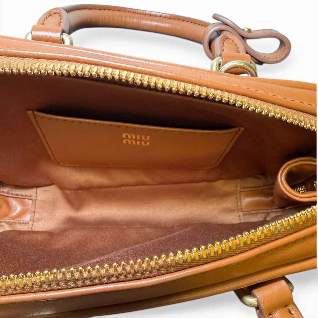 Miu Miu Calfskin Arcadie Top Handle Crossbody Handbag Cognac Mini